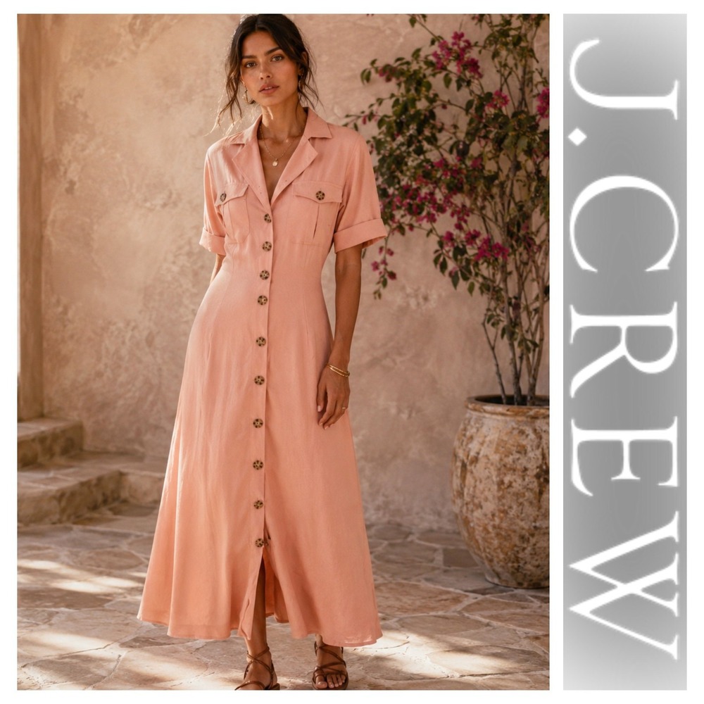 J. Crew Dusty Peach Button Down Short Sleeve Midi Dress Beach Coastal 14 NWT